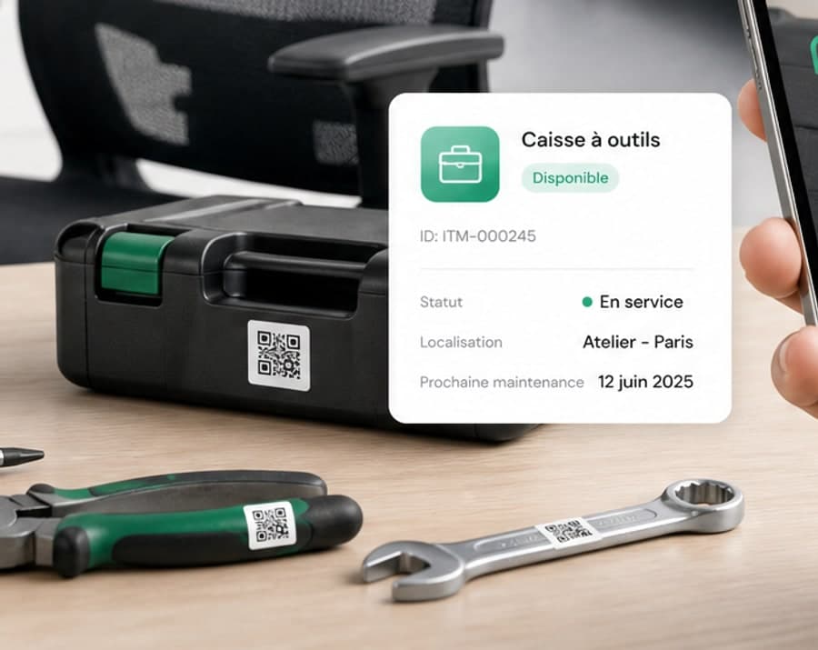 Caisse à outils étiquetée d'un QR code, à côté de la fiche de l'équipement affichée dans ItemScale.