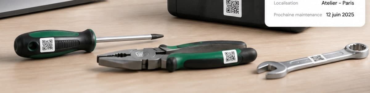 Outillage posé sur un établi, chaque outil portant une étiquette QR ItemScale.