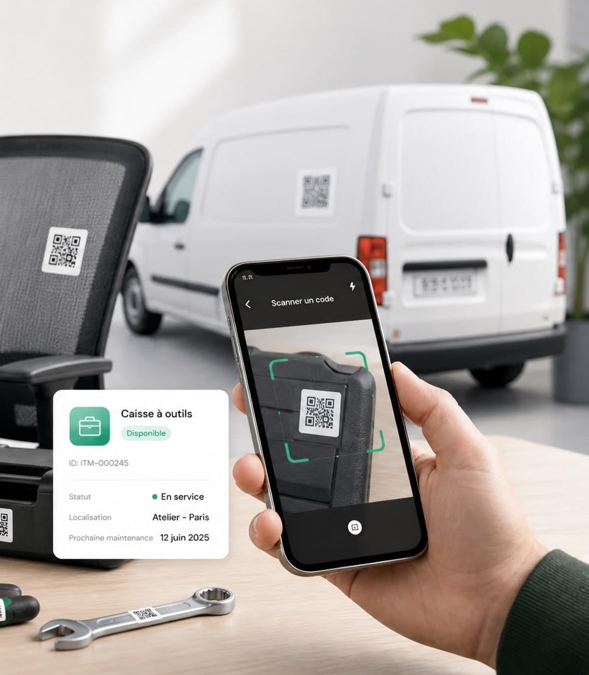 Un technicien scanne le QR code d'une caisse à outils avec ItemScale ; la fiche de l'équipement s'affiche à l'écran.